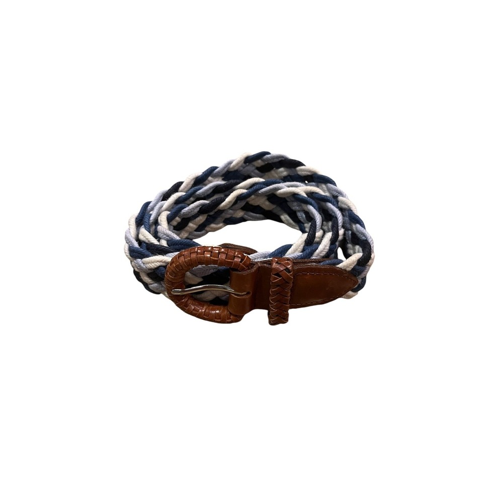 Women's Belt 99266 XL Braided White/Blue Leather F Buckle Total Length 38" 1.5"